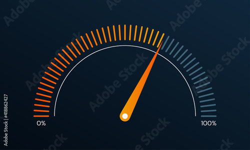 Gauge or meter indicator. Speedometer icon with red, yellow, green scale and arrow. Progress performance chart. Vector illustration.