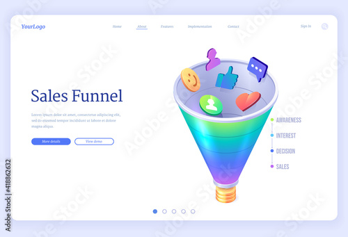 Sales funnel isometric landing page, conversion rate, money profit lead generation. Digital marketing, inbound business electronics technology awareness, interest, decision, sale 3d vector web banner