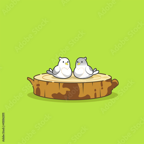 Illustration of big wooden log with a pair of pigeon on top. Isolated on a green background