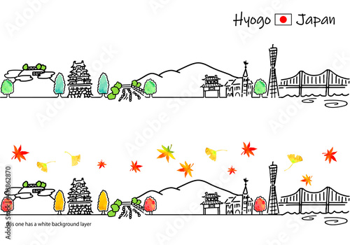 秋の兵庫の街並みのシンプル線画セット