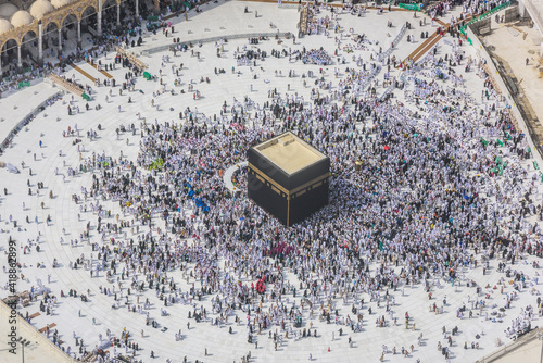 The Hajj annual Islamic pilgrimage to Mecca, Saudi Arabia. Aerial view.  photo