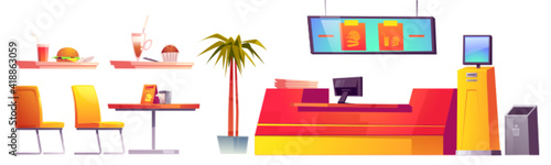 Food court interior furniture and stuff trays with fastfood, dessert and drinks, cashier desk, screen with promo video, tables with napkins and chairs, litter bin, Cartoon vector illustration, set