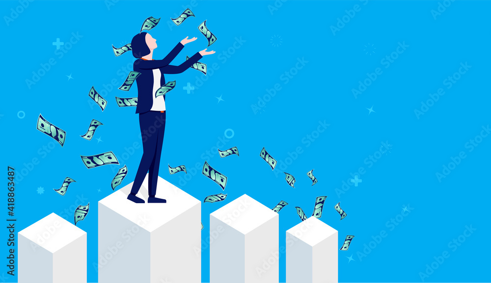 Fototapeta Rich businesswoman - Woman standing on graph and throwing money in air. Blue background and copy space for text.Successful finance and business concept. Vector illustration.