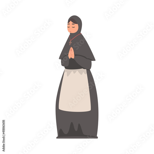 Medieval Woman Nun or Vestal Wearing Black Gown Praying Vector Illustration