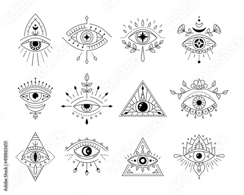 Vector collecton line art mystic eyes tattoo. Set of providence sight witchcraft symbol. Evil eye amulet geometric ornament. Esoteric sign. Boho design. Sacred geometry, occultism, mystical.