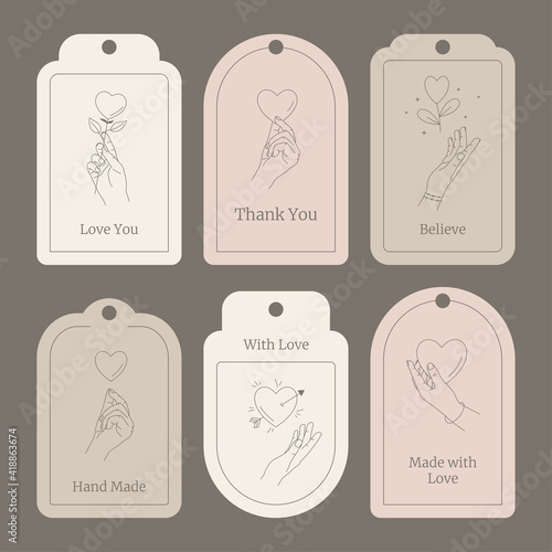 Set of tags with line hands, love signs and text. Gentle color labels for hand made product. Made with love. Line art style. Feminine gesture. Valentine s day or Mother s day. Vector illustration