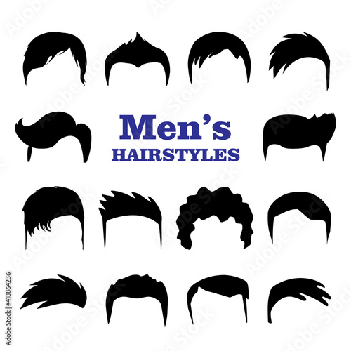 Set of Mens hairstyles. Design constructor with black silhouette fashionable mens haircut isolated on white background. Fashion hand drawn vector illustration