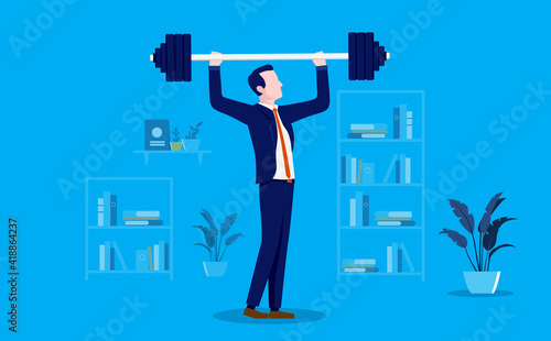 Businessman working out - Man lifting weight indoors. Strong business metaphor. Vector illustration.