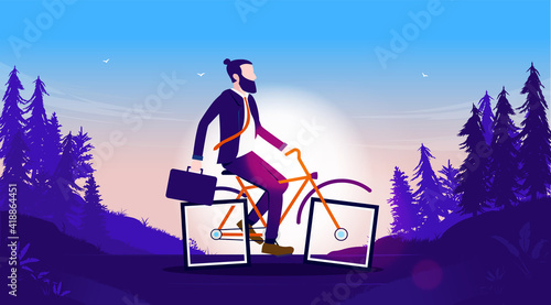 Unintelligent businessman - Man riding bike with rectangular wheels outdoors. Slow business progress concept. Vector illustration.