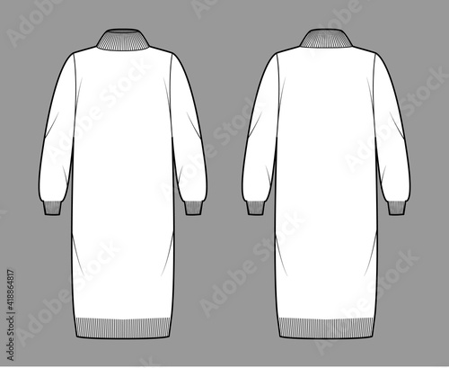 Set of Sweater dresses technical fashion illustration with rib turtleneck, long sleeves, oversized, knee length, knitted. Flat apparel template front, back, white color. Women, men unisex CAD mockup