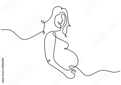 One continuous line drawing of pregnant woman, silhouette picture of mother. Happy young mom is holding her pregnant belly. Happy Woman's Day. Character women with pregnancy. Vector illustration