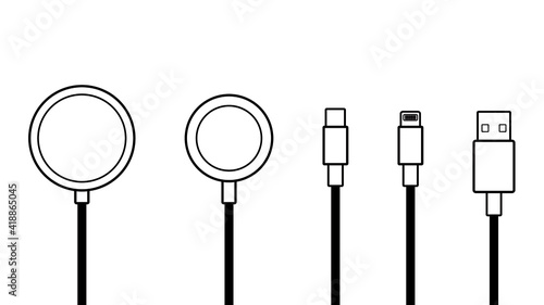 Outline line drawing modern Wireless Charger, Cable Charge, USB Cable Smart Device icon Isolate on White Background.