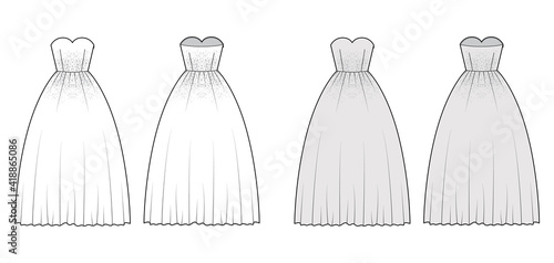 Crinoline dress technical fashion illustration with strapless sweetheart neckline, floor length, full skirt, embellishment motif. Flat front, back, white, grey color style. Women men unisex CAD mockup