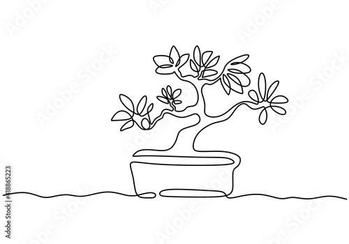 A bonsai tree in pot one continuous line drawing vector isolated on white background with minimal design. Decorative old miniature plants for home interior design. Houseplant concept