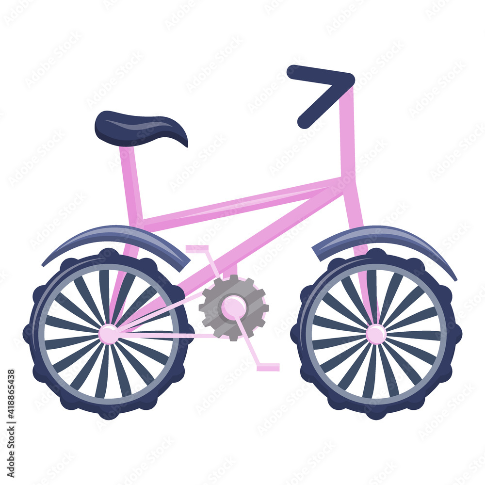 A pink cartoon-style bike is isolated on a white background. Vector illustration, bicycle for children and teenagers.