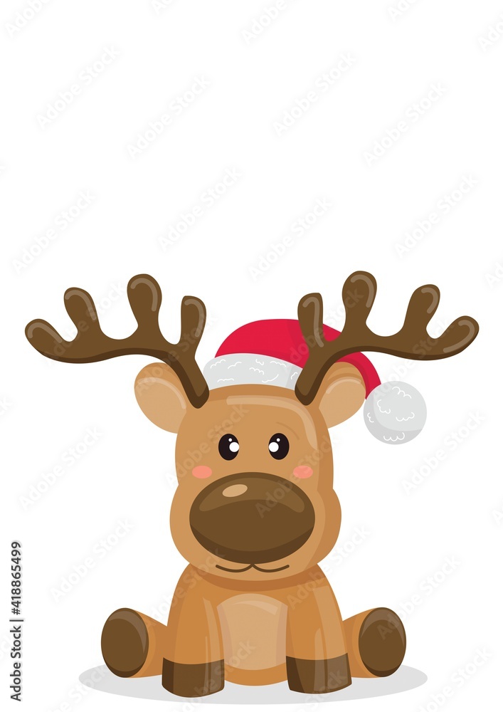 Illustration of cartoon reindeer wearing santa hat sitting on white  background Stock Illustration | Adobe Stock