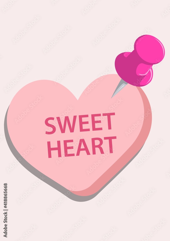 Illustration of pink heart with sweet heart text with pink pink on pink background