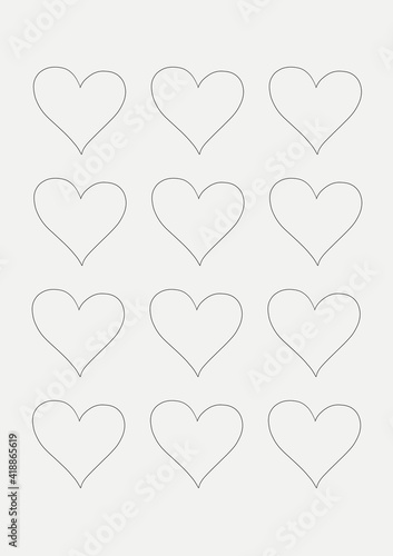 Illustration of four rows of black outlined hearts with copy space on light grey background