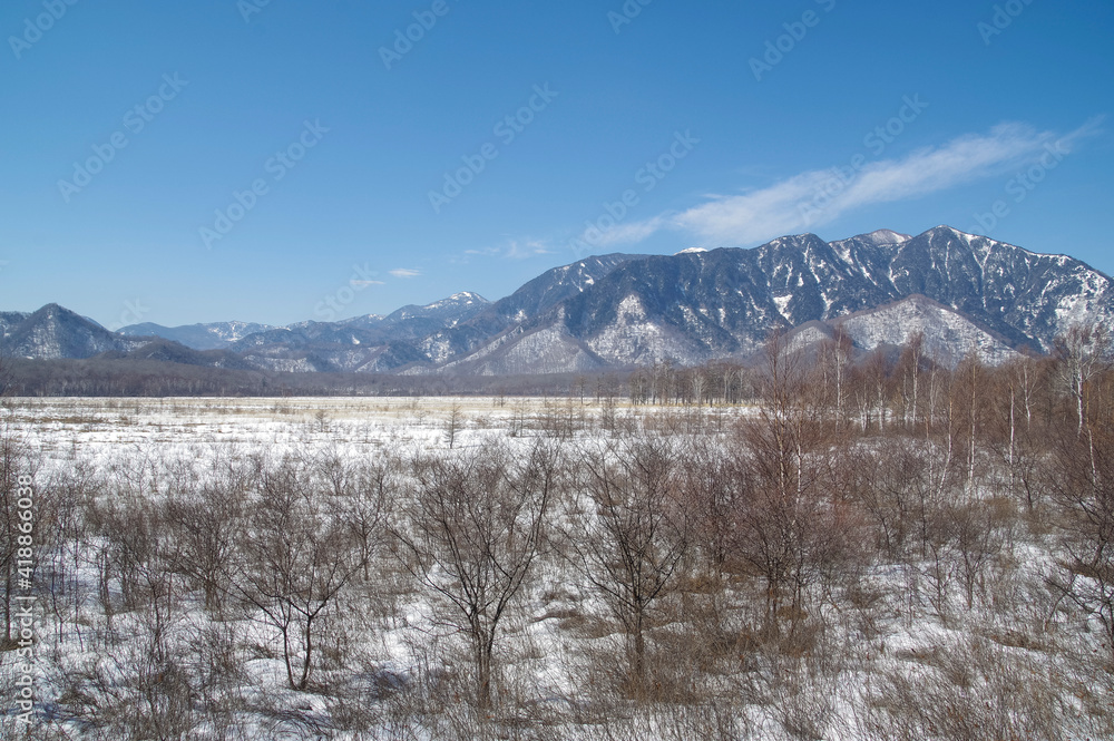 広大な湿地面積を誇る雪景色の戦場ヶ原
