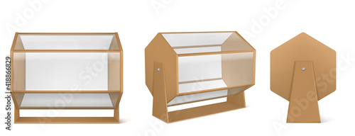 Lottery machine, wooden raffle drum with transparent glass isolated on white background. Vector realistic mockup of 3d empty clear acrylic lottery drum for bingo, lotto, gamble