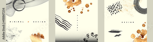 Black inc and gold paint stains in contemporary template collection. Abstact art design set. Hand painted minimalistic composition. Cover, card, poster and banner modern design