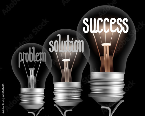 Light Bulbs with Problem, Solution and Success Concept