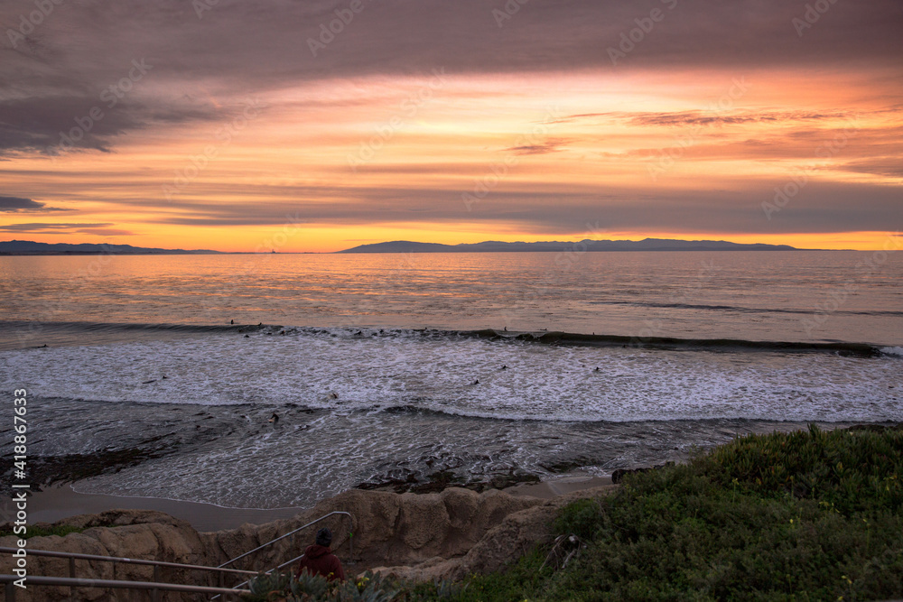 The Pacific Ocean coast in the city of Monterey in California. United States of America. Beautiful beach on a sunny day. Ocean landscape.