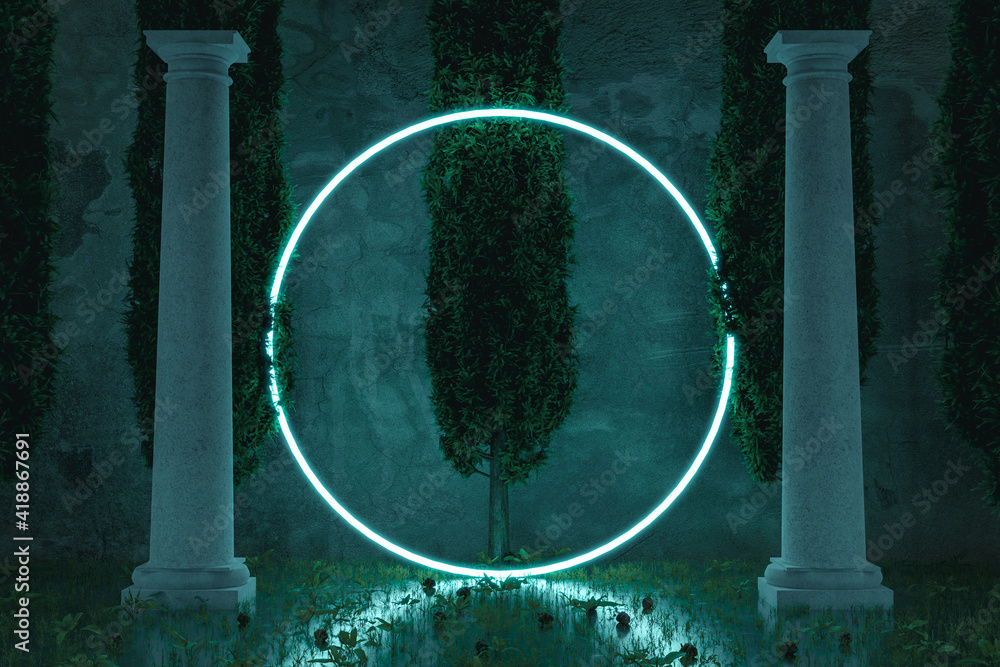 3d rendering of blue lighten circle shape in the middle of Tuscan order columns and surrounded by cypress trees