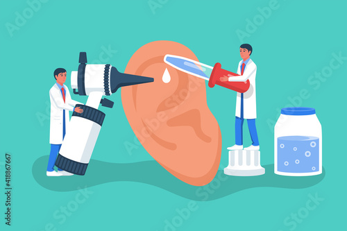 Ear treatment. Landing page, medical clinic template. Group of doctors with diagnostic equipment. Health check. Otolaryngology concept. Vector illustration flat design. Ears problem.