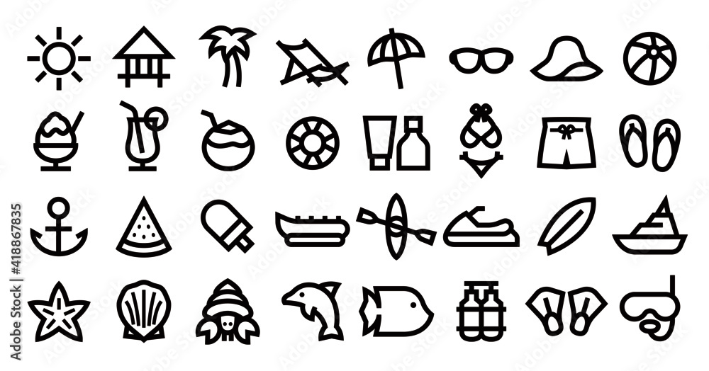 Fototapeta premium Beach and Summer Icon Set (Bold outline version)
