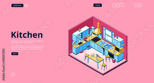 Home kitchen isometric landing page, empty interior with appliances for cooking and furniture, served table, oven, range hood, refrigerator and utensil. Cozy dining room. 3d vector line art web banner