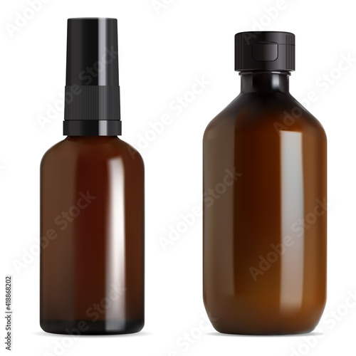 Syrup bottle. Brown glass vial, essential oil bottle blank mockup. Amber vial screw cap, medical container, chemical flacon with eyedropper, black cap. Liquid drug medicament jar, laboratory concept