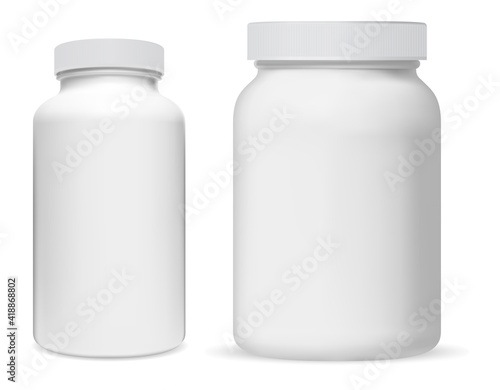 Pill bottle. White plastic supplement jar. Protein bottle mock up, vitamin capsule packaging, large powder jar blank. medical remedy cylinder jar, aspirin medication tablets, pharmaceutical drug can