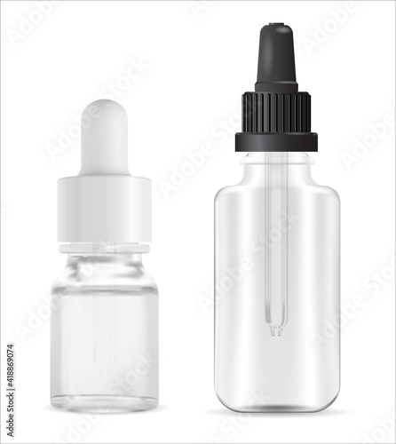 Pipette bottle. Serum dropper flask, white glass bottle. Medical essence vial, pipette cap, transparent package. Realistic medicine pipette container, clean empty nasal packaging, eye dropper