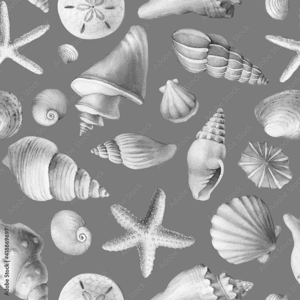 Seamless pattern with underwater life objects - gray sea shells, marine starfish. Watercolor hand drawn painting illustration isolated on grey background. Seamless pattern with underwater life objects - gray sea shells, marine starfish. Watercolor hand drawn painting illustration isolated on grey background.