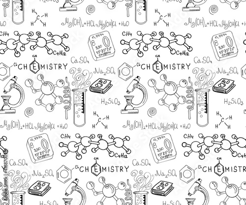 Chemical formula and outlines on whiteboard. Vector seamless pattern. Scientific  and education background. 