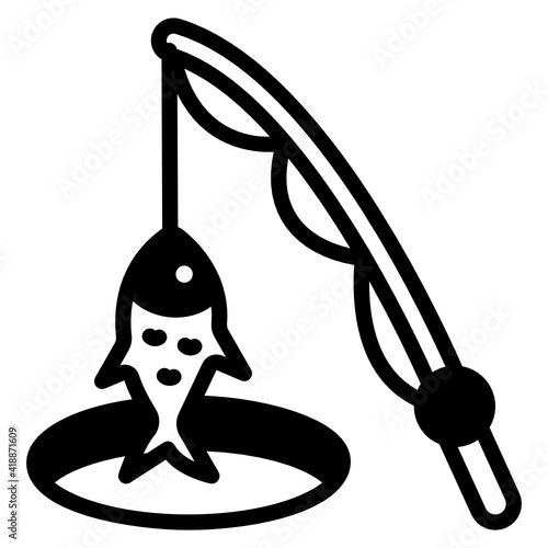 
Ice fishing in solid style icon, winter activity 

