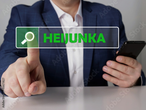  HEIJUNKA phrase on the screen. Broker use cell technologies at office. Concept search and HEIJUNKA . photo