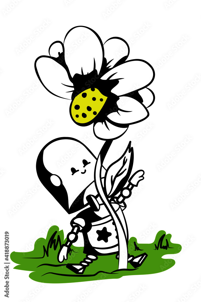 Cute robot with a big flower. Hand drawn vector outline Cute robot with a big flower. Hand drawn vector outline
