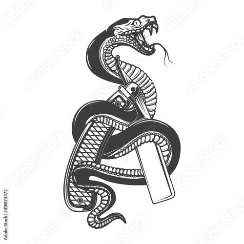 Illustration of snake on barber razor. Design element for poster, card, banner, sign. Vector illustration