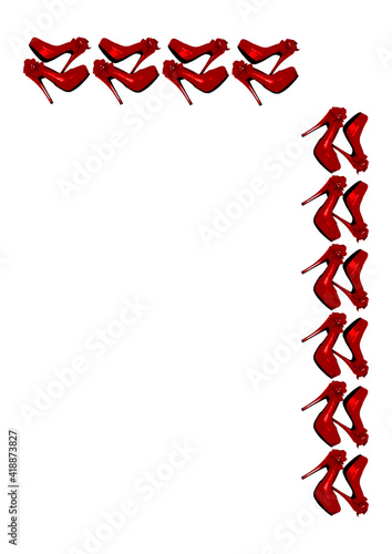 Frames on a white background A4, vertical - Dressed red shoes on the platform with a bow on a high thin heel.