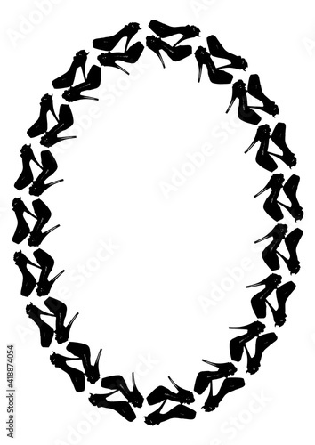 Frames on a white background A4, vertical - Dressed black shoes on the platform with a bow on a high thin heel. Shoes