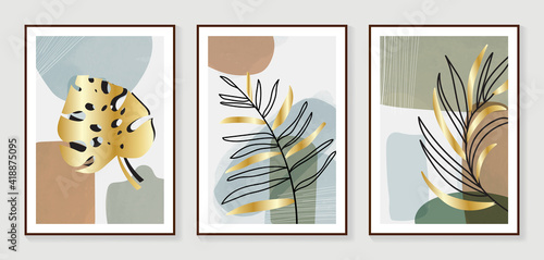 Botanical wall art vector set. Golden foliage line art drawing with watercolor.  Abstract Plant Art design for wall framed prints, canvas prints, poster, home decor, cover, wallpaper.