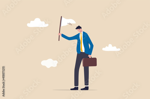 Give up or surrender on business battle, time to quit or stop failed company concept, sad businessman waving white flag metaphor of surrendering or giving up on work and business. photo