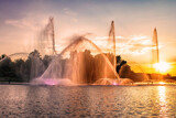 Picturesque sunset view on multimedia floating fountain on the Southern Buh River in Vinnytsia, Ukraine