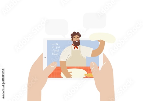 A young woman cooks at home in isolation and in quarantine and watches a cook’s video workshop online. Vector illustration - online cooking in a mobile device or tablet.