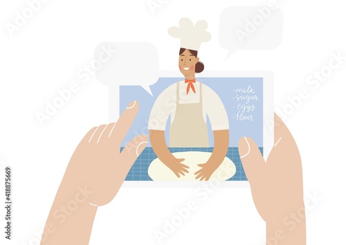 A young woman cooks at home in isolation and in quarantine and watches a cook’s video workshop online. Vector illustration - online cooking in a mobile device or tablet.