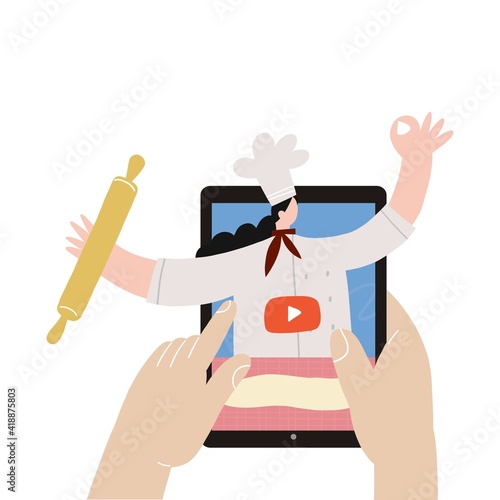 A young woman cooks at home in isolation and in quarantine and watches a cook’s video workshop online. Vector illustration - online cooking in a mobile device or tablet.