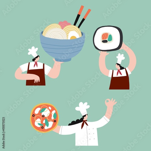 A young woman cooks at home in isolation and in quarantine and watches a cook’s video workshop online. Vector illustration - online cooking in a mobile device or tablet.