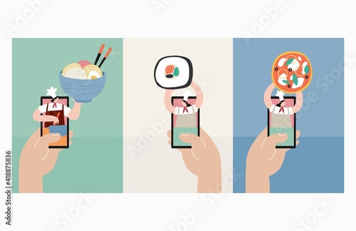 A young woman cooks at home in isolation and in quarantine and watches a cook’s video workshop online. Vector illustration - online cooking in a mobile device or tablet.